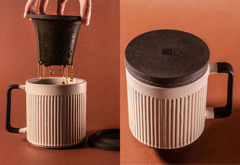 直紋泡茶杯550ml-粉引白（杯、茶濾內膽、蓋子三件式）